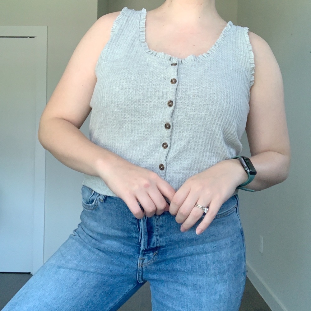 Wild Fable Ribbed Waffle Ruffle Tank Top Buttons Basic Gray - Picture 5 of 5